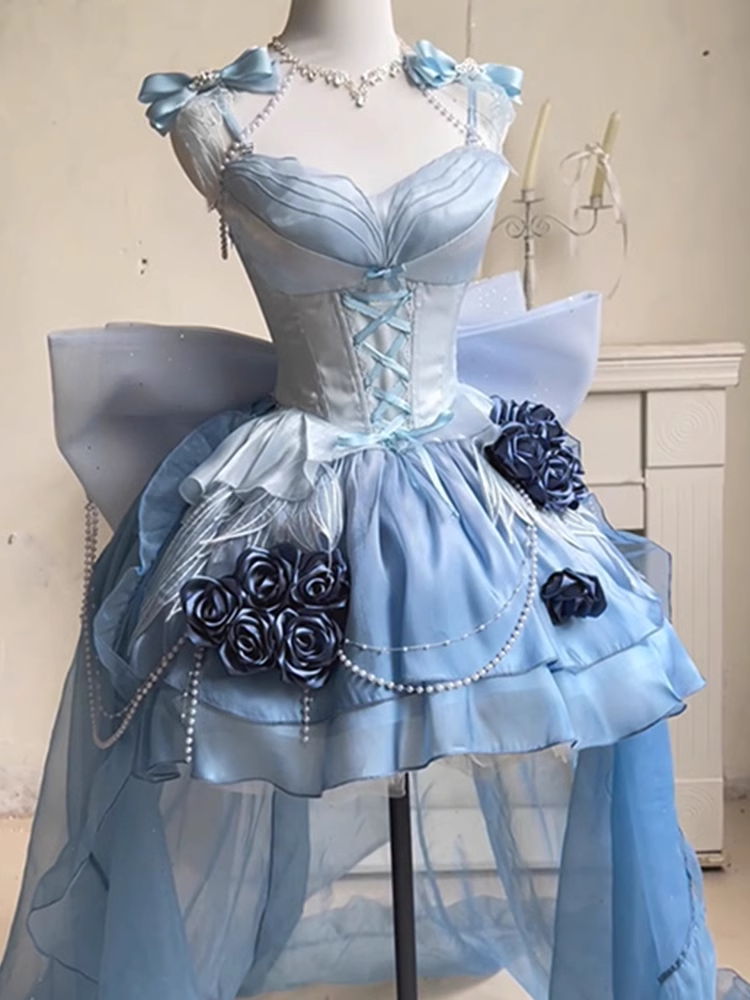 Cute Ball Gown Blue Satin Short Birthday Dresses Birthday Outfits