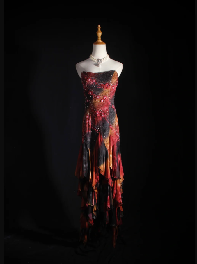 Vintage Embroidered Floral Chiffon Ruffle Mermaid Evening Dress Strapless Long Party Dress