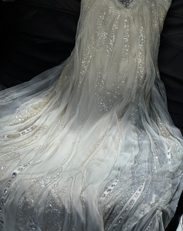 Glitter Spaghetti Straps Off White Chiffon Sequin Beaded Mermaid Evening Dress Long Party Dres
