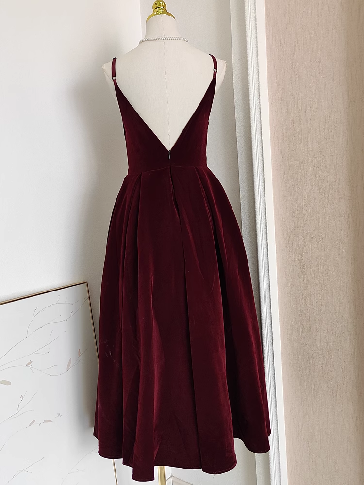 Simple A line Sleeveless Burgundy Velvet Party Dress Holiday Birthday Dresses For Women