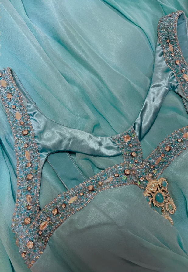 Retro Blue Satin Chiffon Beaded Mermaid Long Evening Dress Formal Wedding Guest Dress