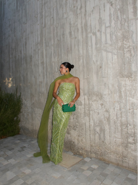 Gorgeous Strapless Apple Green Sequin Long Prom Dress Party Gown With Ribbon