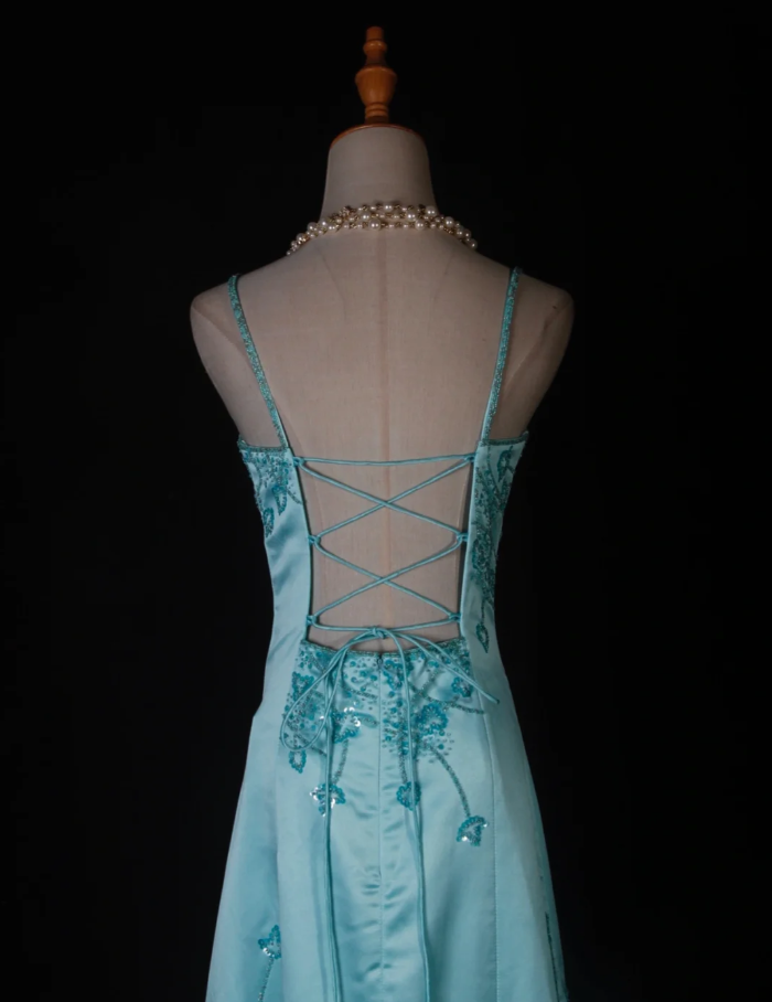 Gorgeous Blue Spaghetti Straps Satin Beaded Mermaid Long Birthday Prom Dress Party Dress