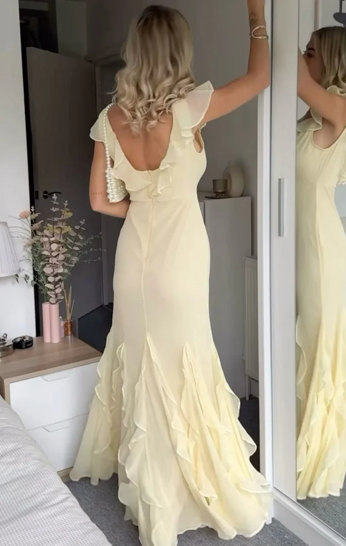 Pretty V Neck Ruffle Long Prom Dress Yellow Formal Party Evening Gown