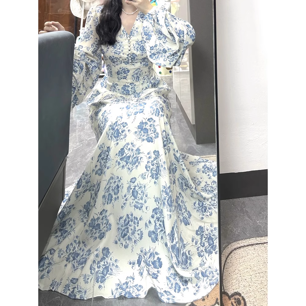 French Retro A Line V Neckline Long Sleeves Chiffon Ankle length Prom Dresses Birthday Outfits