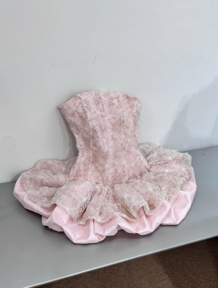 Cute Pink Strapless Lace Satin A Line Short Homecoming Dress 21st Birthday Party Dress