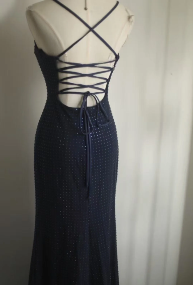 Classy Spaghetti Straps Navy Blue Beaded Mermaid Long Evening Dress Formal Wedding Guest Dress