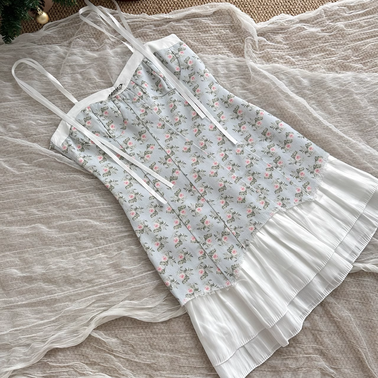 Cute A line Spaghetti Straps Blue Sleeveless Floral Dress Short Holiday Dresses