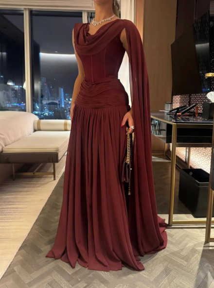 Classy Burgundy Chiffon Slit Mermaid Long Wedding Guest Dress Birthday Evening Dress