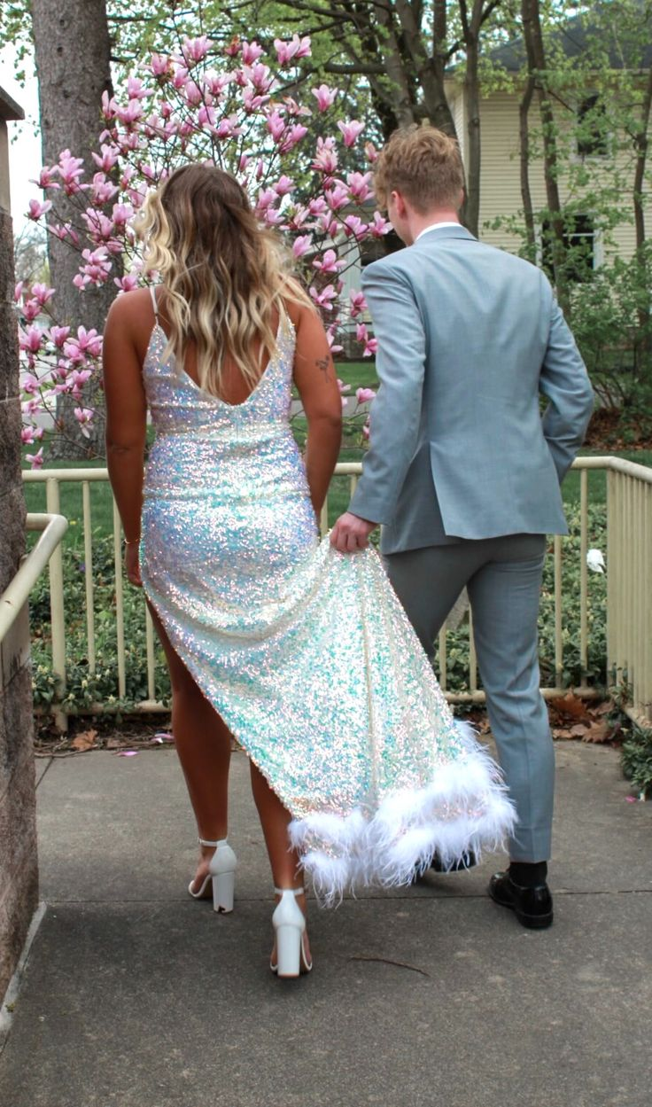 Glitter White Sequins Prom Dress With Hem Feathers