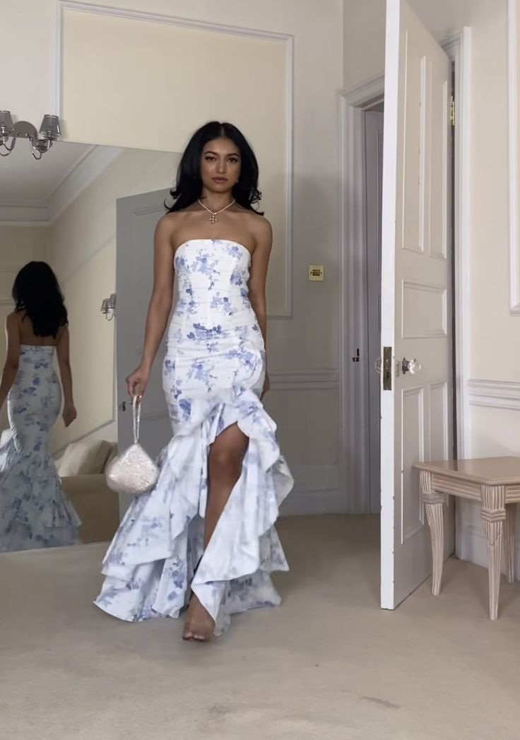Chic Satin Print Floral Mermaid Prom Dress Strapless Slit Ruffles Evening Dress Party Gown