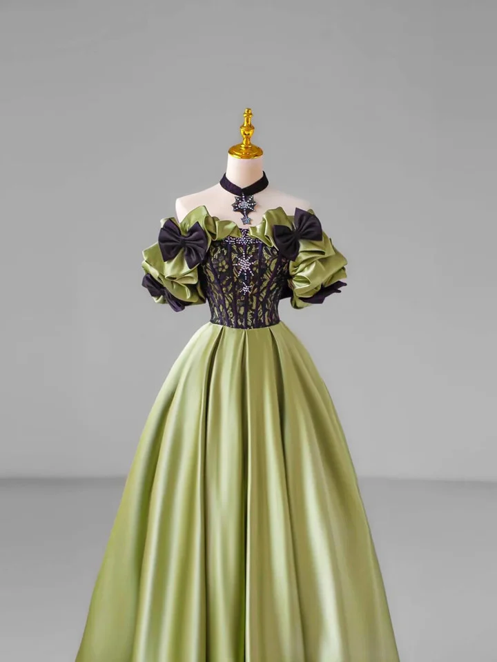 Vintage Off The Shoulder Ball Gown Green Satin Lace Bow Prom Dress