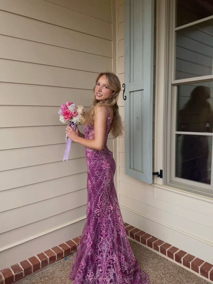 Gorgeous Spaghetti Straps Purple Tulle Lace Beaded Mermaid Party Dress Long Wedding Guest Dress