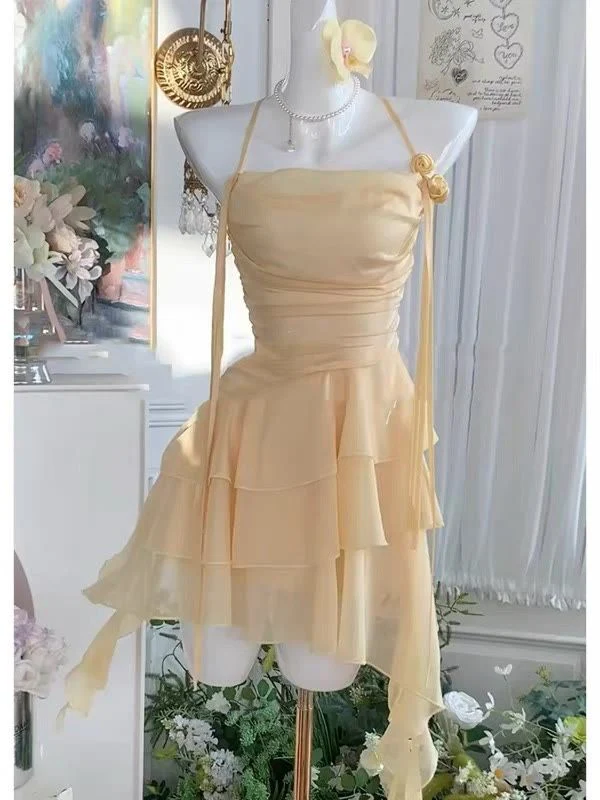 Halter Yellow Chiffon Layered Short Birthday Cute Vacation Dress