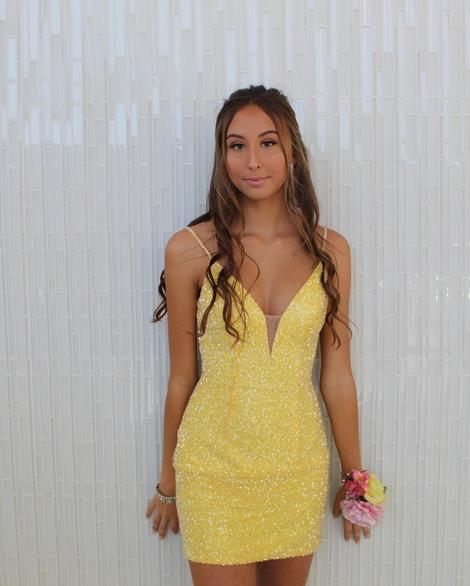 Tight Yellow Beaded Party Dress Homecoming Dress
