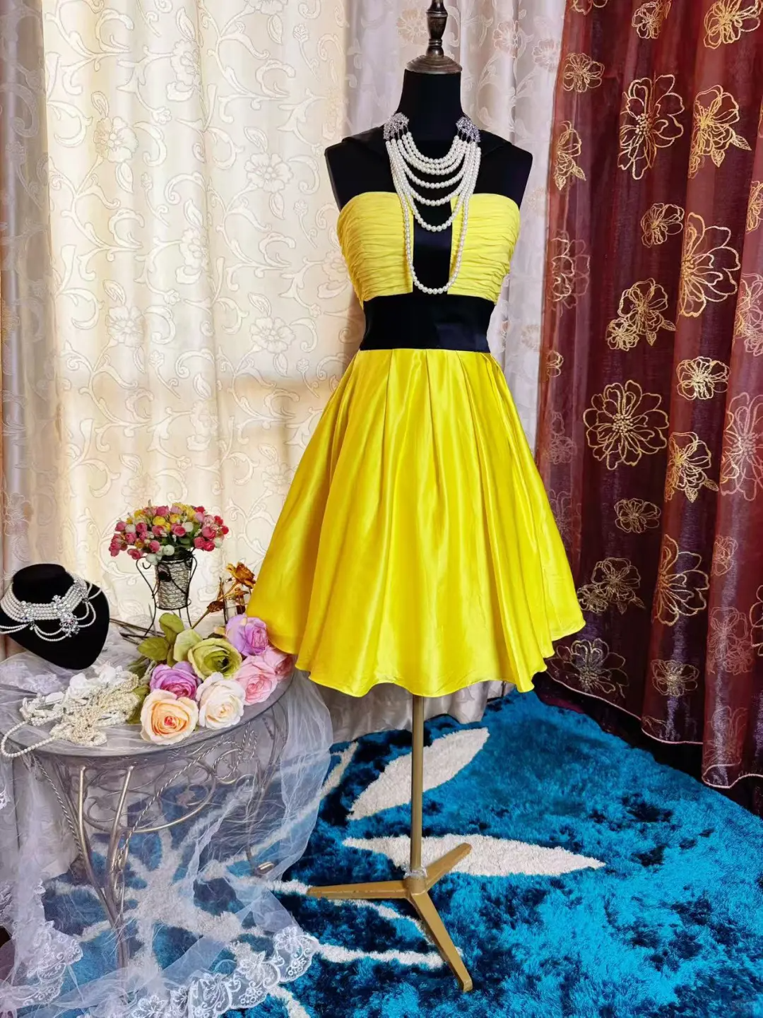 Fashion Yellow Black Splicing A Line Short Party Dress Formal Graduation Homecoming Dress