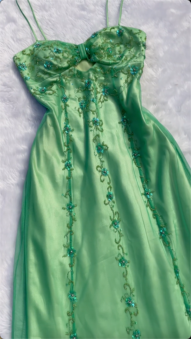 Pretty Green Satin Tulle Sequins Beaded Prom Dress,A Line Long Evening Dress