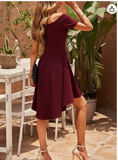 Women Off The Shoulder Short Sleeve High Low Hem Club Cocktail Skater Dress