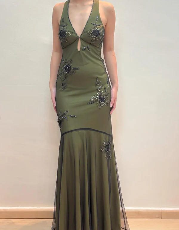 Vintage Green Deep V Neck Beaded Prom Evening Dress,Long Mermaid Party Gown