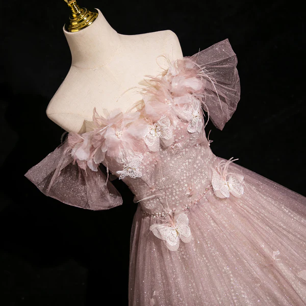 Pink Tulle Sequins Off the Shoulder Butterfly Flower Prom Dress Sweet Ball Gown