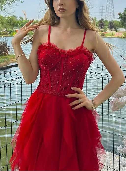 Charming Spaghetti Straps Red Ruffles Tulle Beaded Formal Prom Dress Long Evening Dress