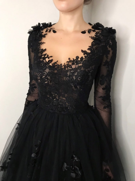 Black Long Prom Dress Gothic style Wedding Dress Tulle Evening Dress