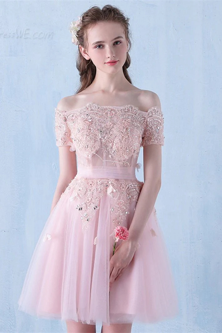 Pink Off the Shoulder Tulle Short Prom Dress with Beading, A Line Homecoming Dress