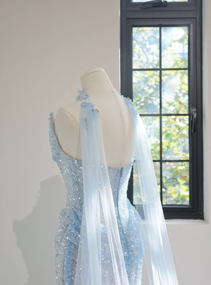Pretty Strapless Light Blue Sequin Beaded Mermaid Long Birthday Party Dress Evening Gown