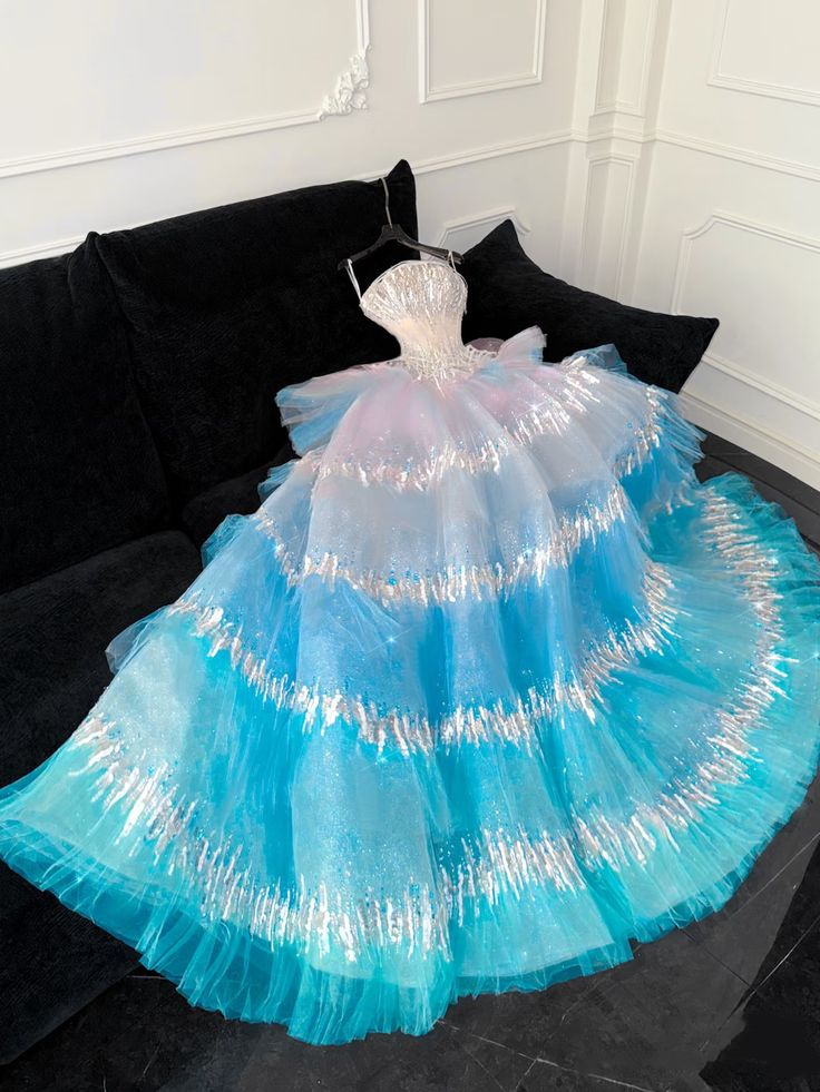 Gorgeous Ombre Blue Tulle Sequin Mermaid Evening Dress Long Party Dress