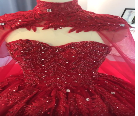 Red Ball Gown With Cape And Beads, Luxury Prom Dress