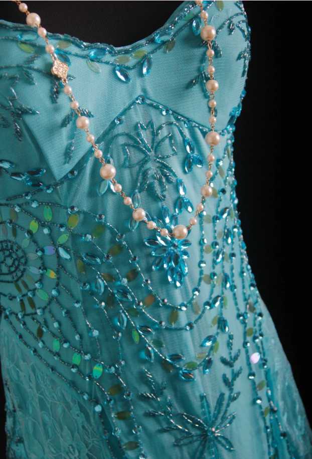 Sparkly Spaghetti Straps Blue Lace Beaded Mermaid Long Party Dress Birthday Prom Dresses