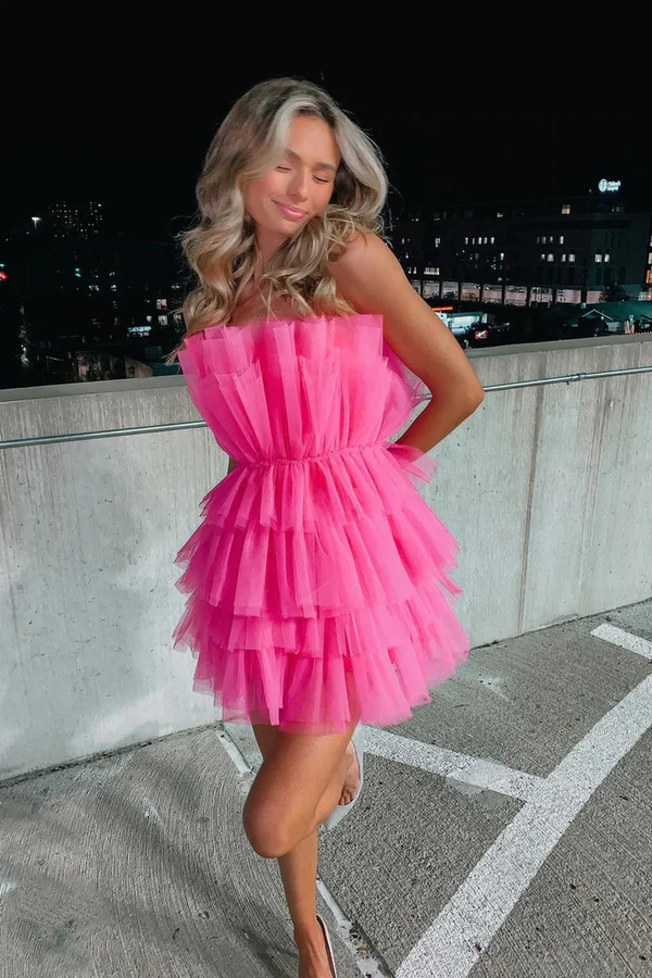 Hot Pink Strapless Tiered Short Homecoming Dress, A Line Sweet 16 Dress