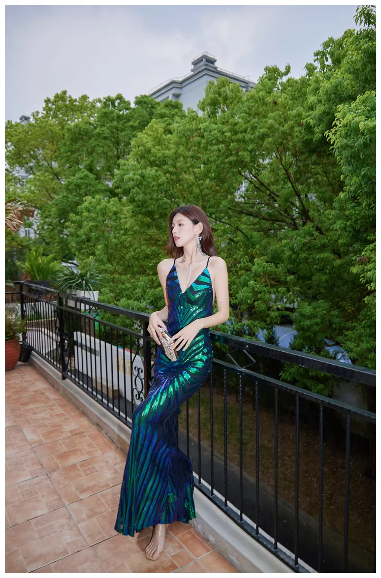 Vintage Green Spaghetti Straps Sequin Mermaid Long Evening Dress Birthday Dress