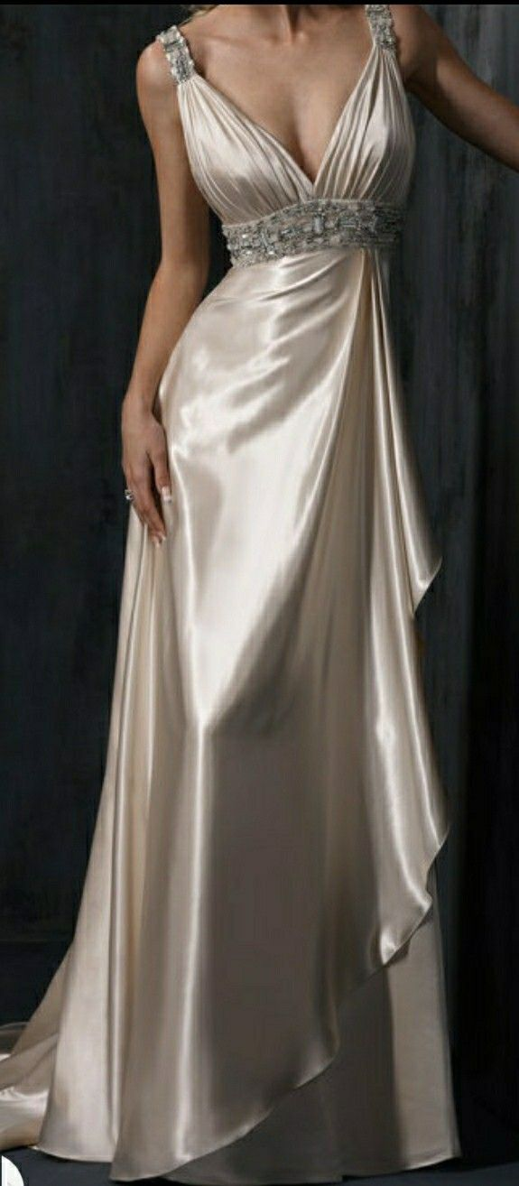Pretty White V Neck Satin Beaded Mermaid Bridal Dress Long Wedding Dress