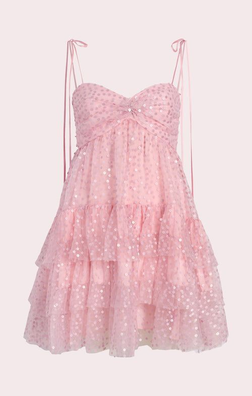 Pretty Pink Tulle Sequin A Line Short Birthday Dress Spaghetti Straps Layered Homecoming Dress