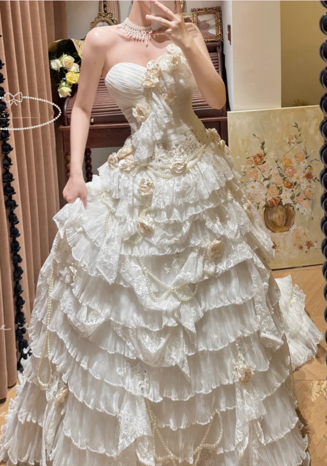 Glamorous Strapless White Tulle Lace Pleated Layered Long Wedding Dress Bridal Dresses