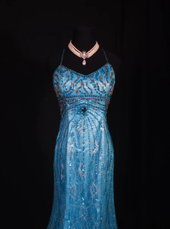 Glamorous Spaghetti Straps Blue Lace Beaded Mermaid Long Evening Dress Party Gown