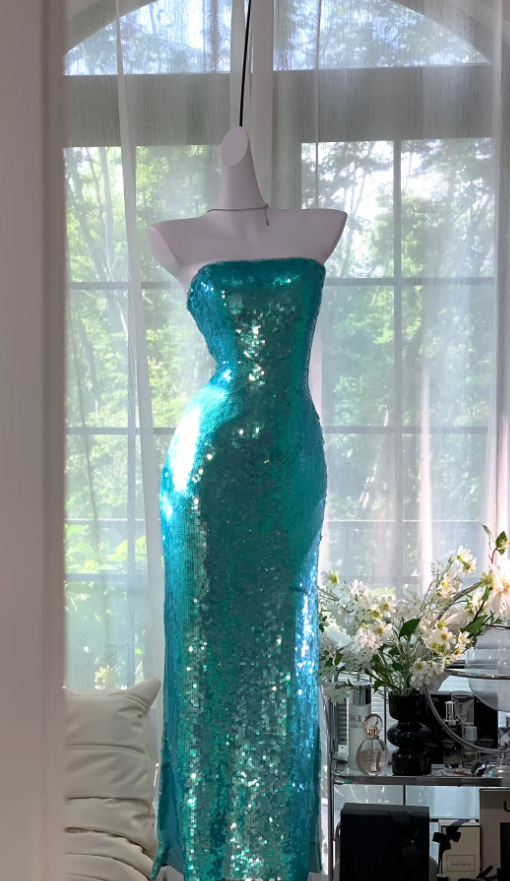 Sparkly Strapless Blue Sequin Slit Mermaid Long Prom Dress Party Dress
