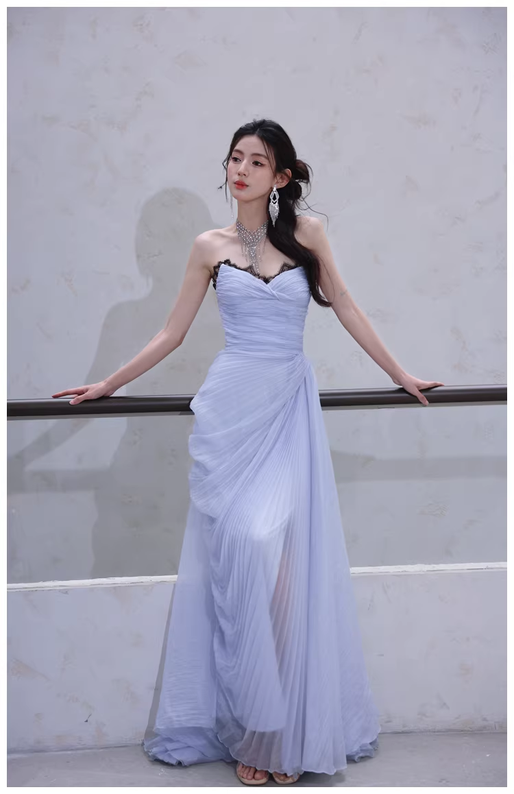 Classy Haze Blue Strapless Tulle Pleated Mermaid Long Party Dress Evening Gown