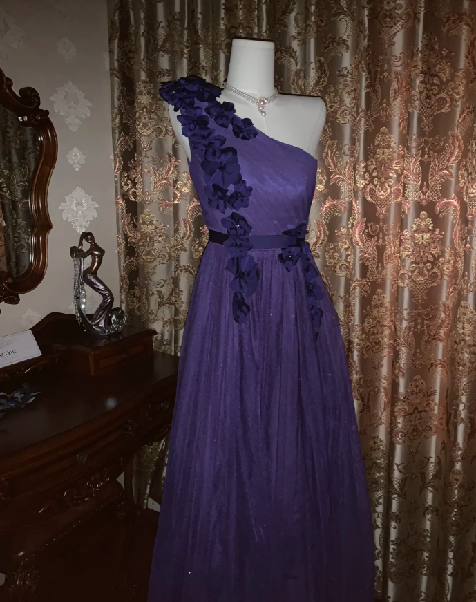 Elegant Purple One Shoulder Tulle Appliques A Line Wedding Guest Dress Long Party Dress
