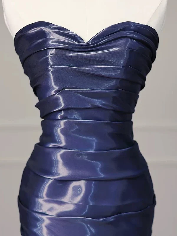 Gorgeous Strapless Navy Blue Evening Dress Ruched Mermaid Prom Party Dress