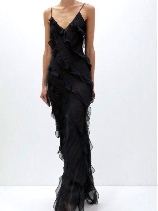 Black Sexy Mermaid Ruffles Evening Dress Spaghetti Straps Prom Dress Party Dress