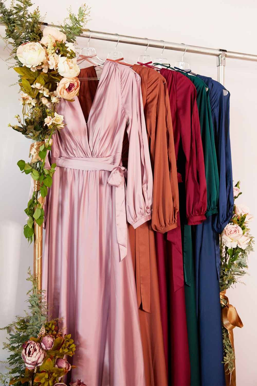 Deep V Neck Long Sleeve Satin Wrap Dress , Prom Dress