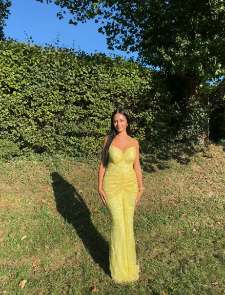 Sparkly Halter Yellow Sequin Pleated Mermaid Long Evening Dress Formal Wedding Guest Dress Party Dress