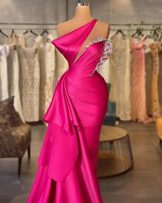 Women's Fuchsia One Shoulder Satin Pleated Evening Dress Long Party Gowns Special Occasion Dresses