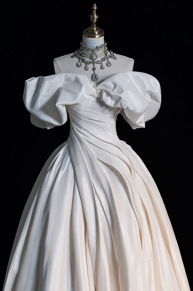White Off the Shoulder Puffy Wedding Dress, Floor Length Satin Bridal Dresses