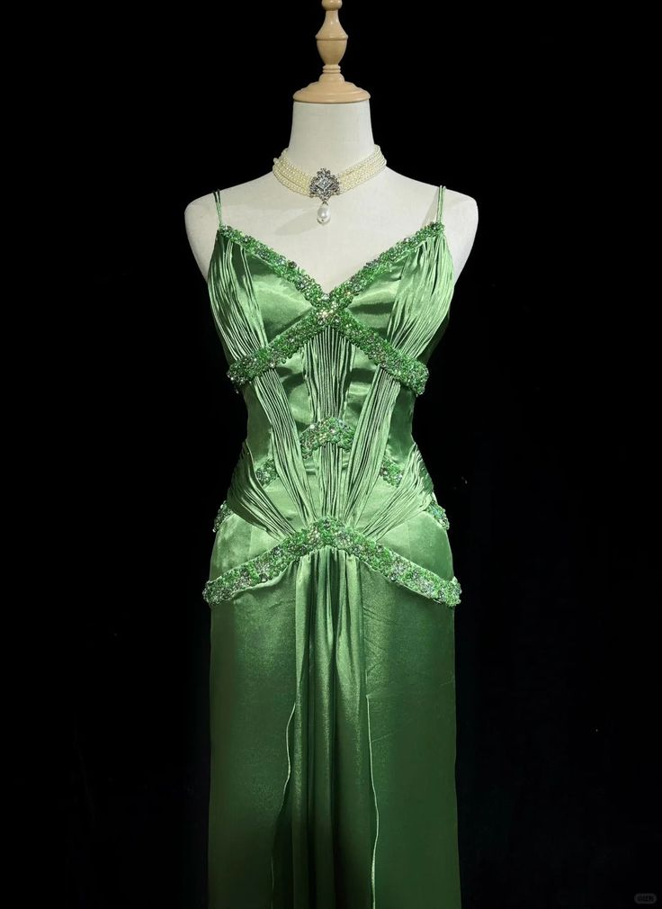 Vintage Green Satin Beaded Party Prom Dress,Spaghetti Strap Evening Dress