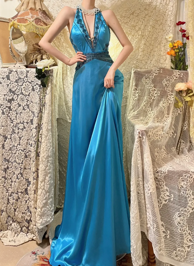 Sexy Blue Halter Satin Beaded V Neck Mermaid Long Party Dress Prom Dresses