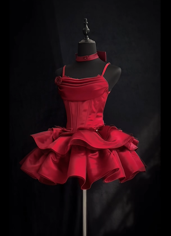 Elegant Red Spaghetti Straps Layered Short Birthday Party Dress 8th Grade Homecoming Dress