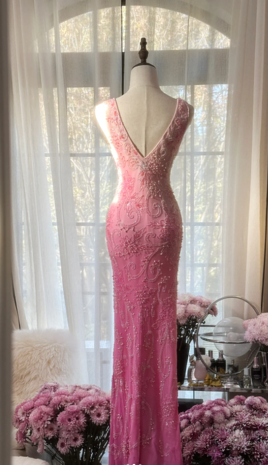 Pretty V Neck Ombre Pink Chiffon Beaded Mermaid Long Party Dress Birthday Evening Gown